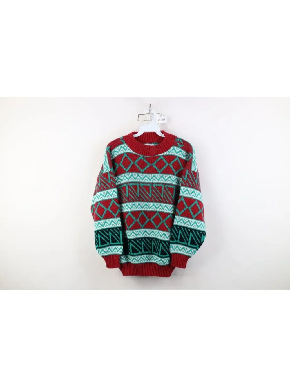 Vtg 90s Streetwear Womens Medium Geometric Fair Isle Knit Crewneck Sweater USA